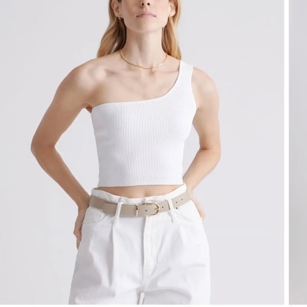 Quince White Ribbed Asymmetrical Crop Top